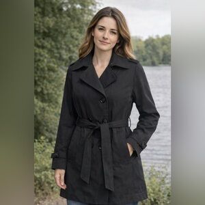 London Fog Hooded Trench Coat Black Belted Rain Jacket Women’s Small